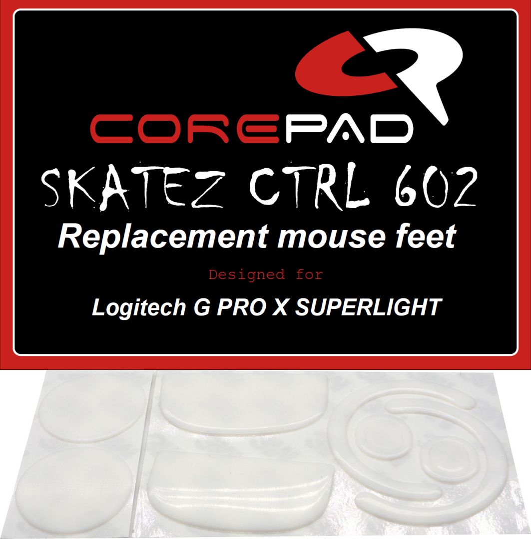 Corepad Skatez CTRL to fit Logitech G PRO X SUPERLIGHT image showing logo and two sets of mouse feet