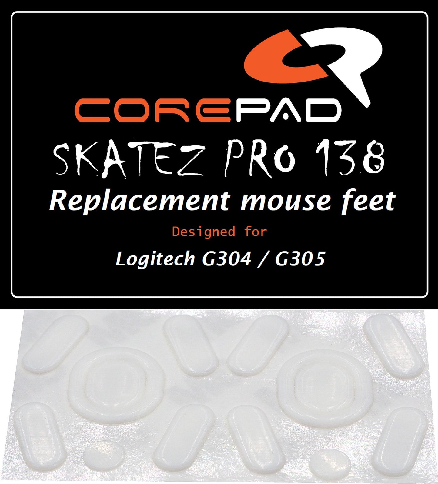 Corepad Skatez PRO to fit Logitech G304/G305 image showing logo and two sets of mouse feet