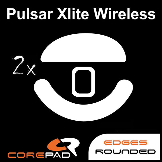 Corepad Skatez PRO to fit Pulsar XLITE Wireless image showing mouse feet shape and logo with '2x' to show the product comes in lots of two. There is also text that says 'edges rounded'.