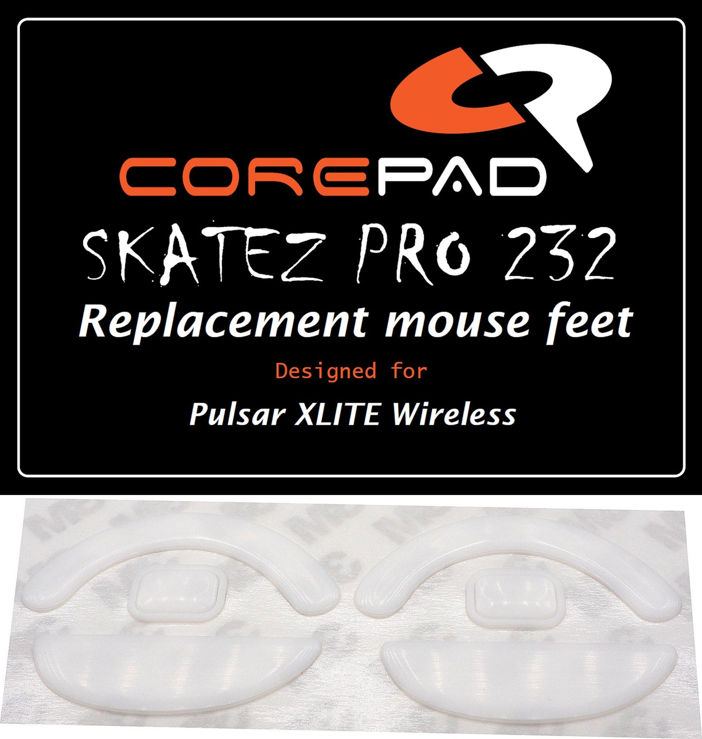 Corepad Skatez PRO to fit Pulsar XLITE Wireless image showing logo and two sets of mouse feet