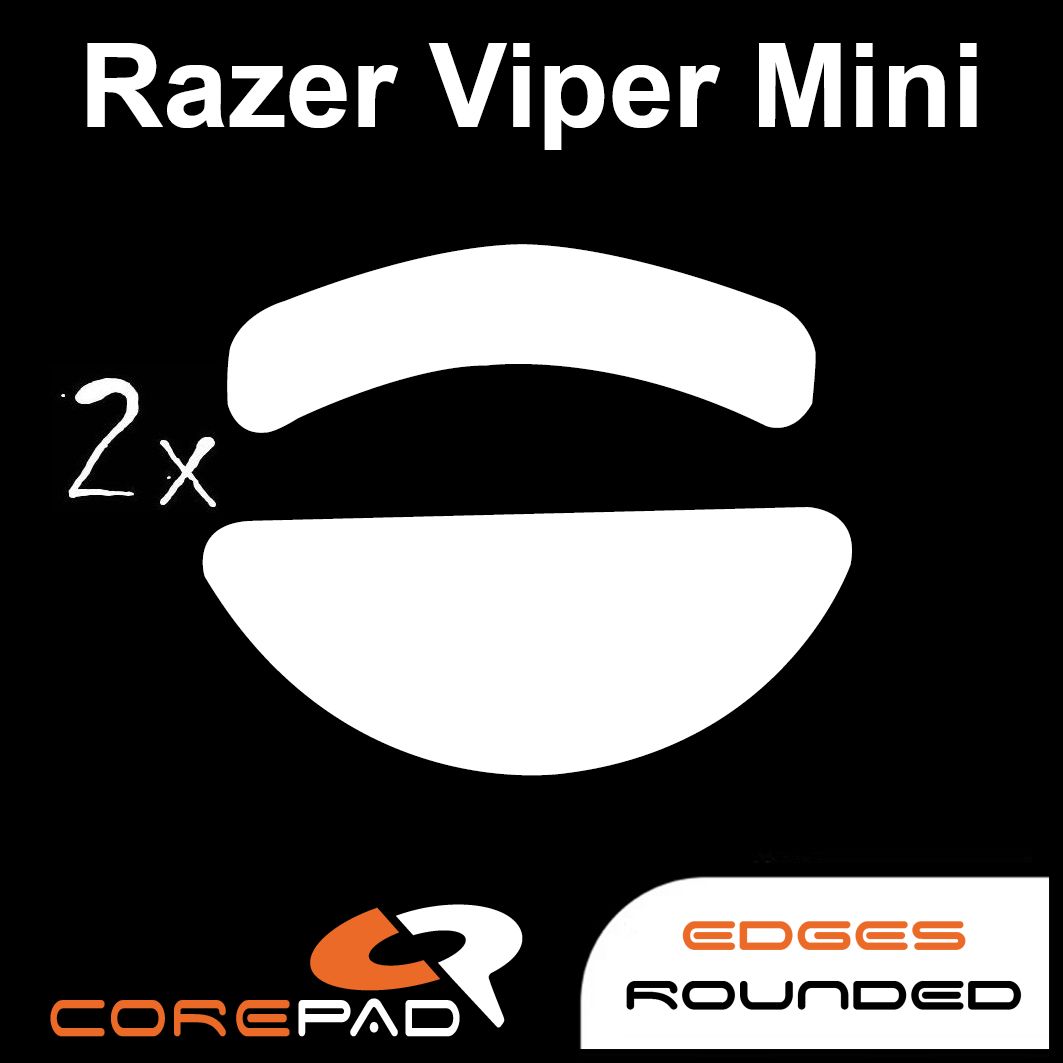 Corepad Skatez PRO to fit Razer Viper Mini image showing mouse feet shape and logo with '2x' to show the product comes in lots of two. There is also text that says 'edges rounded'.