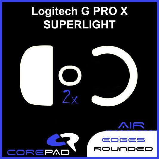 Corepad Skatez AIR to fit Logitech GPRO X Superlight image showing mouse feet shape and logo with '2x' to show the product comes in lots of two. There is also text that says 'edges rounded'.