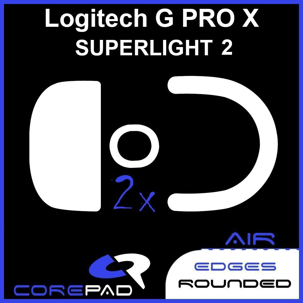 Corepad Skatez AIR to fit Logitech G PRO X SUPERLIGHT 2 image showing mouse feet shape and logo with '2x' to show the product comes in lots of two. There is also text that says 'edges rounded'.