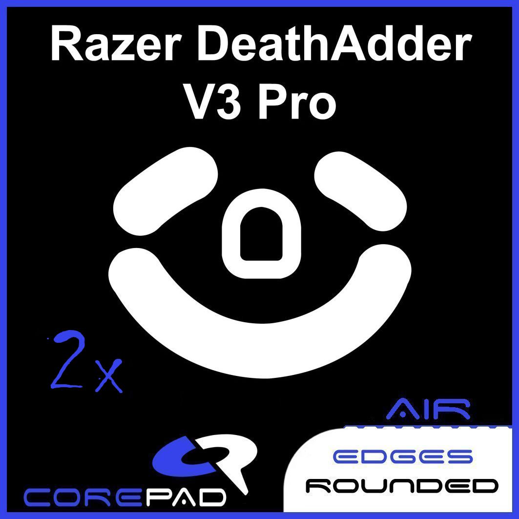 Corepad Skatez AIR to fit Razer Deathadder V3 PRO image showing mouse feet shape and logo with '2x' to show the product comes in lots of two. There is also text that says 'edges rounded'.