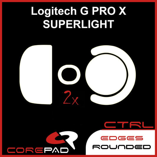 Corepad Skatez CTRL to fit Logitech G PRO X SUPERLIGHT image showing mouse feet shape and logo with '2x' to show the product comes in lots of two. There is also text that says 'edges rounded'.