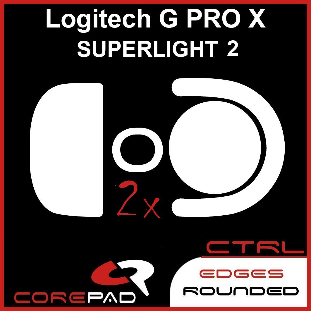 Corepad Skatez CTRL to fit Logitech G PRO X SUPERLIGHT 2 image showing mouse feet shape and logo with '2x' to show the product comes in lots of two. There is also text that says 'edges rounded'.