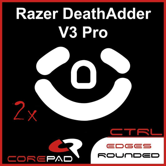 Corepad Skatez CTRL to fit Razer Deathadder V3 PRO image showing mouse feet shape and logo with '2x' to show the product comes in lots of two. There is also text that says 'edges rounded'.