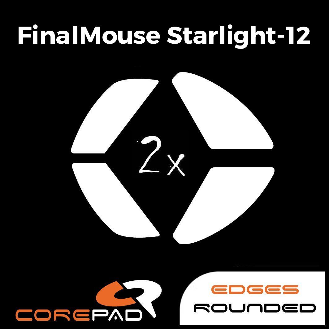 Corepad Skatez PRO to fit Finalmouse Starlight-12 image showing mouse feet shape and logo with '2x' to show the product comes in lots of two. There is also text that says 'edges rounded'.