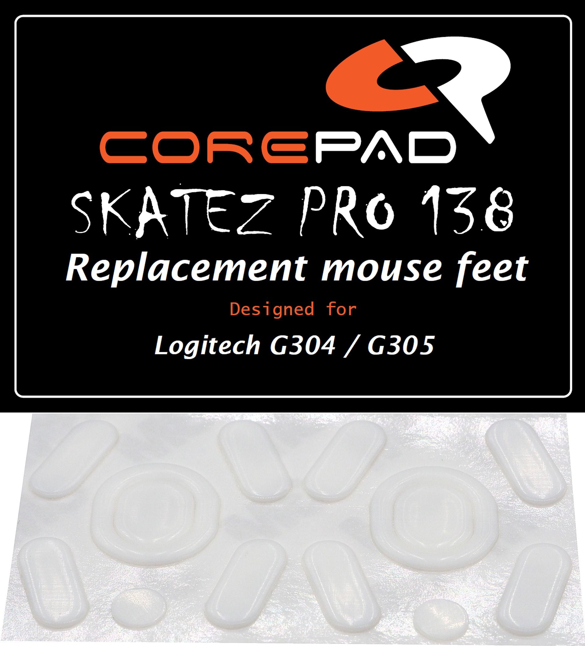 Corepad Skatez PRO to fit Logitech G304/G305 image showing logo and two sets of mouse feet