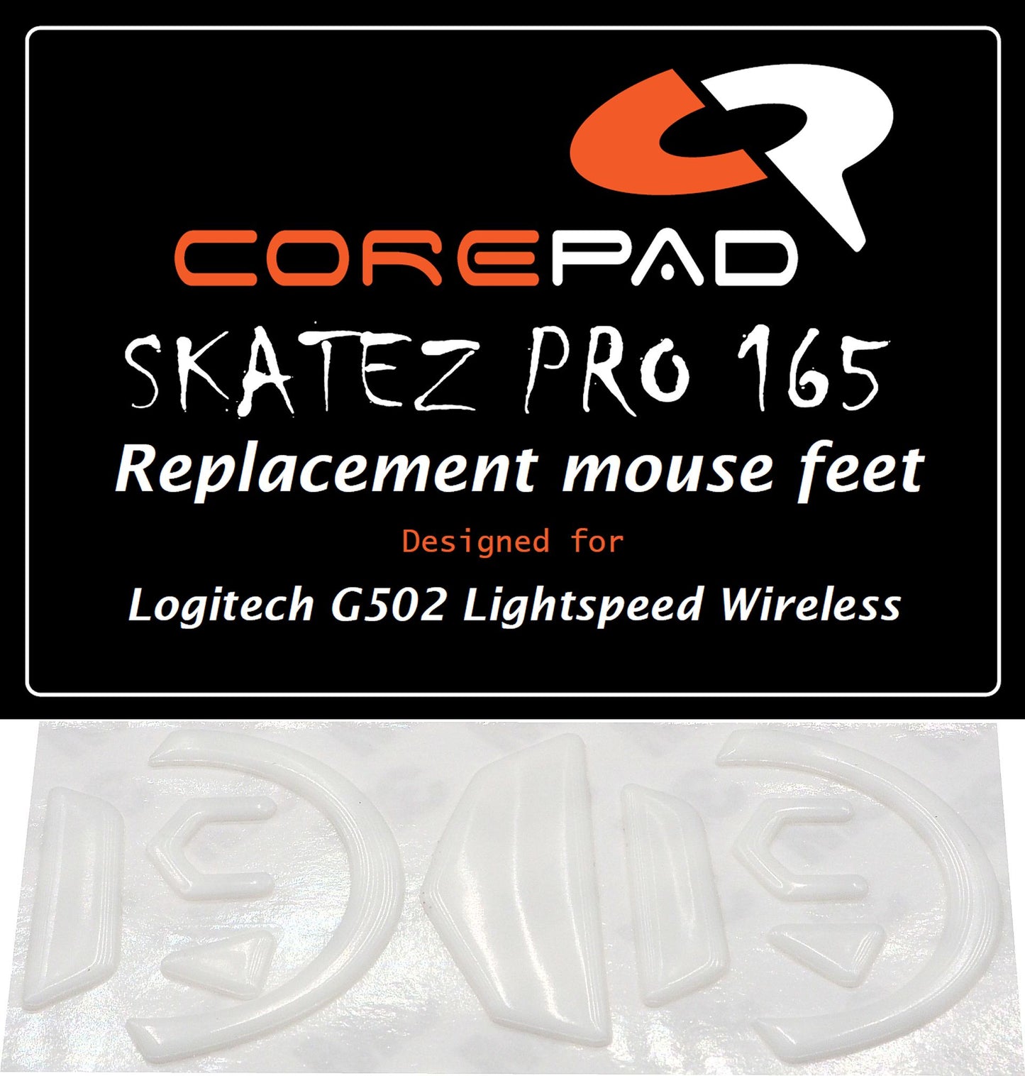 Corepad Skatez PRO to fit Logitech G502 Wireless image showing logo and two sets of mouse feet