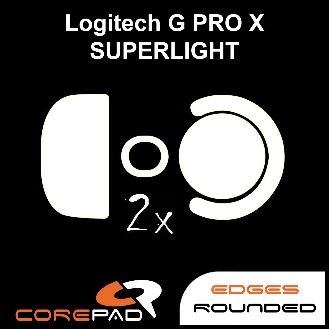 Corepad Skatez PRO to fit Logitech G PRO X SUPERLIGHT image showing mouse feet shape and logo with '2x' to show the product comes in lots of two. There is also text that says 'edges rounded'.