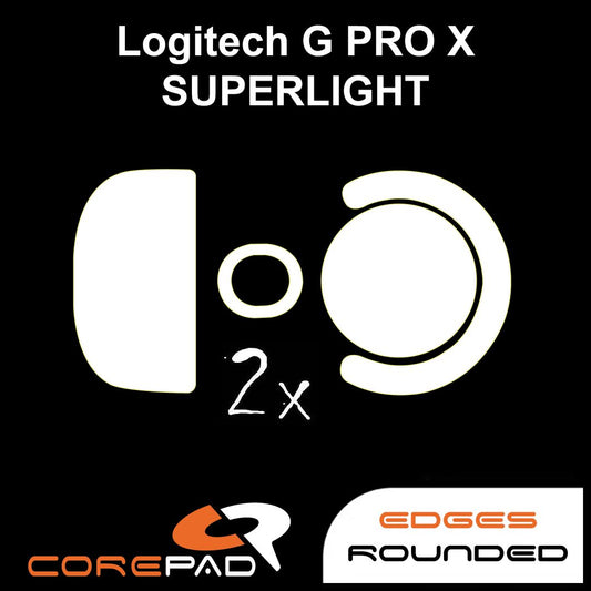 Corepad Skatez PRO to fit Logitech G PRO X SUPERLIGHT image showing mouse feet shape and logo with '2x' to show the product comes in lots of two. There is also text that says 'edges rounded'.