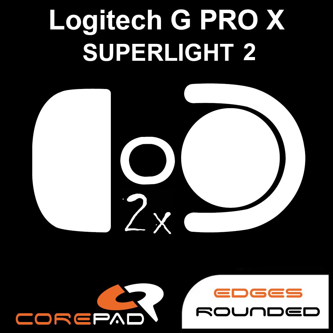 Corepad Skatez PRO to fit Logitech G PRO X SUPERLIGHT 2 image showing mouse feet shape and logo with '2x' to show the product comes in lots of two. There is also text that says 'edges rounded'.