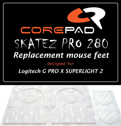 Corepad Skatez PRO to fit Logitech G PRO X SUPERLIGHT 2 image showing logo and two sets of mouse feet