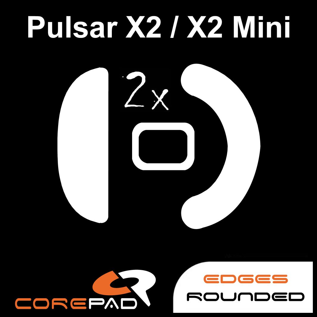 Corepad Skatez PRO to fit Pulsar X2 / X2 Mini image showing mouse feet shape and logo with '2x' to show the product comes in lots of two. There is also text that says 'edges rounded'.