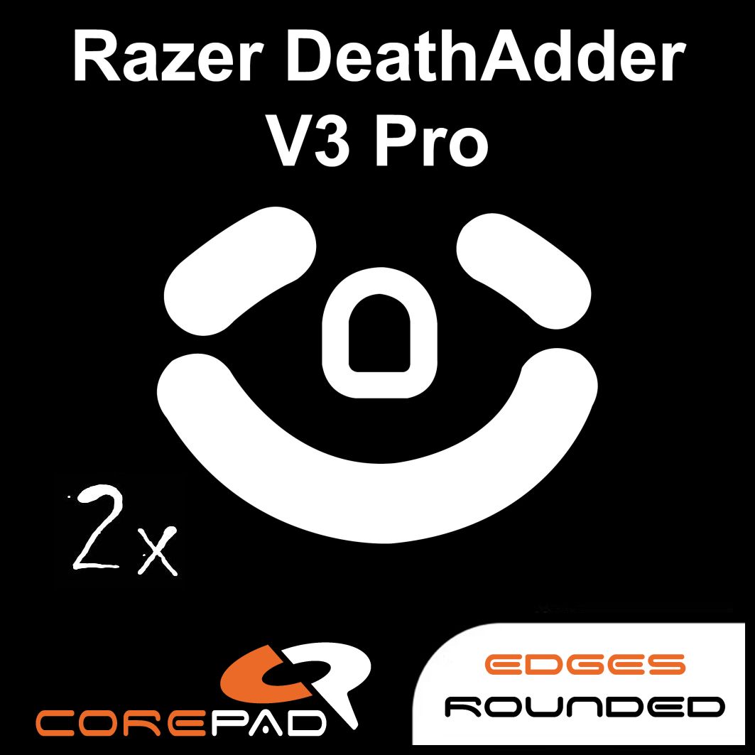 Corepad Skatez PRO to fit Razer Deathadder V3 PRO image showing mouse feet shape and logo with '2x' to show the product comes in lots of two. There is also text that says 'edges rounded'.