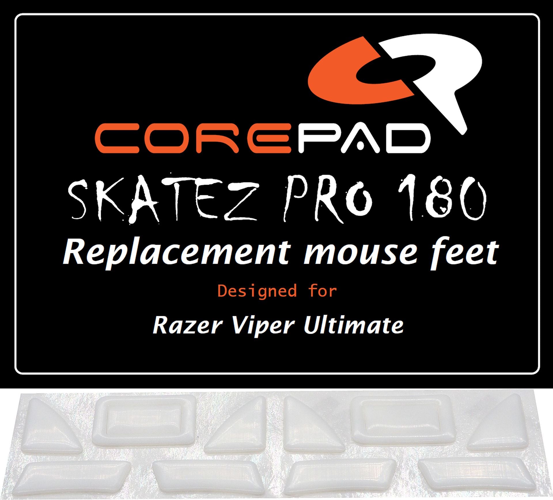 Corepad Skatez PRO to fit Razer Viper Ultimate image showing logo and two sets of mouse feet