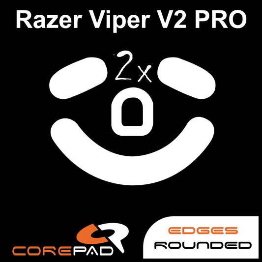 Corepad Skatez PRO to fit Razer Viper V2 PRO image showing mouse feet shape and logo with '2x' to show the product comes in lots of two. There is also text that says 'edges rounded'.