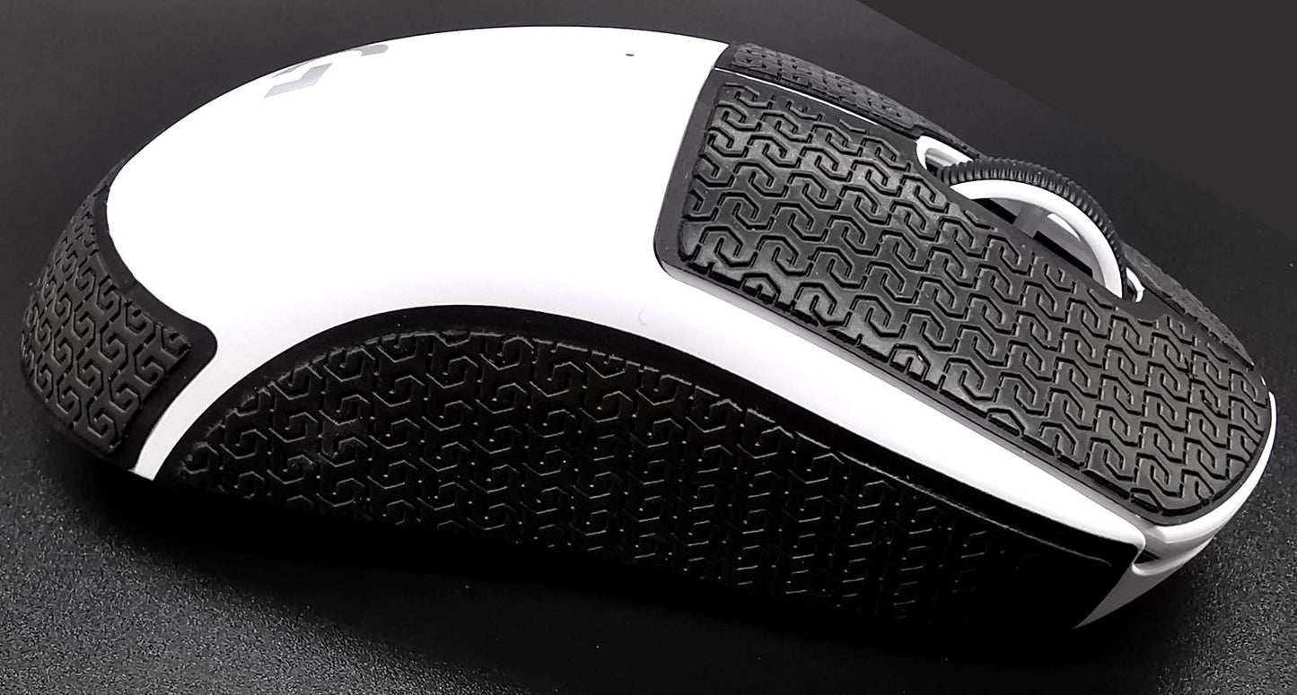 Image of a white Logitech G PRO X SUPERLIGHT with Corepad Soft Grips installed. The mouse is facing to the right.