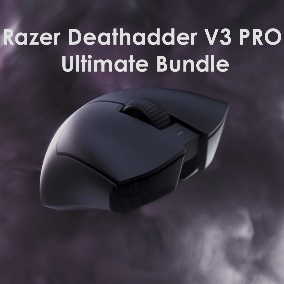 An image of a Razer Deathadder V3 PRO with white text on the image that says 'Razer Deathadder V3 PRO Ultimate Bundle'.