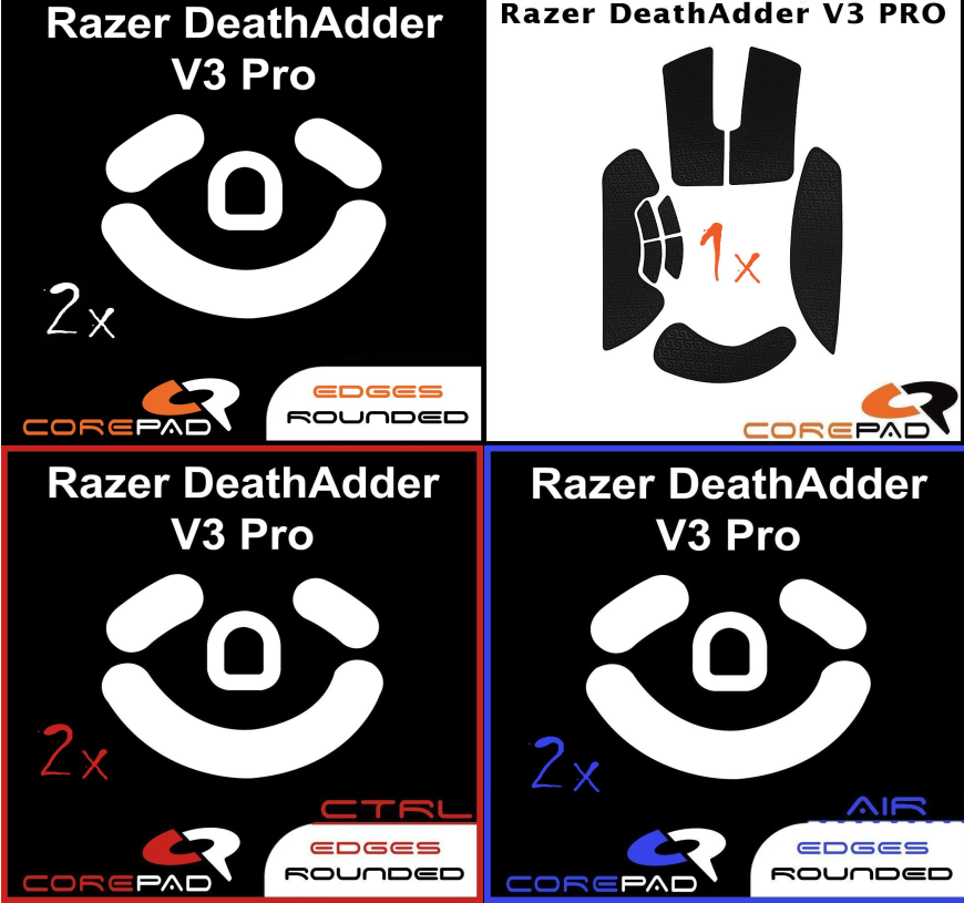 A single image that includes all of the four Corepad products included in the Razer Deathadder V3 PRO bundle