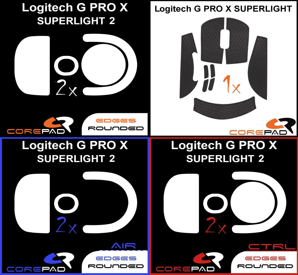 A single image that includes all of the four Corepad products included in the Logitech G PRO X SUPERLIGHT 2 bundle