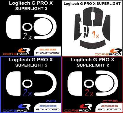 A single image that includes all of the four Corepad products included in the Logitech G PRO X SUPERLIGHT 2 bundle