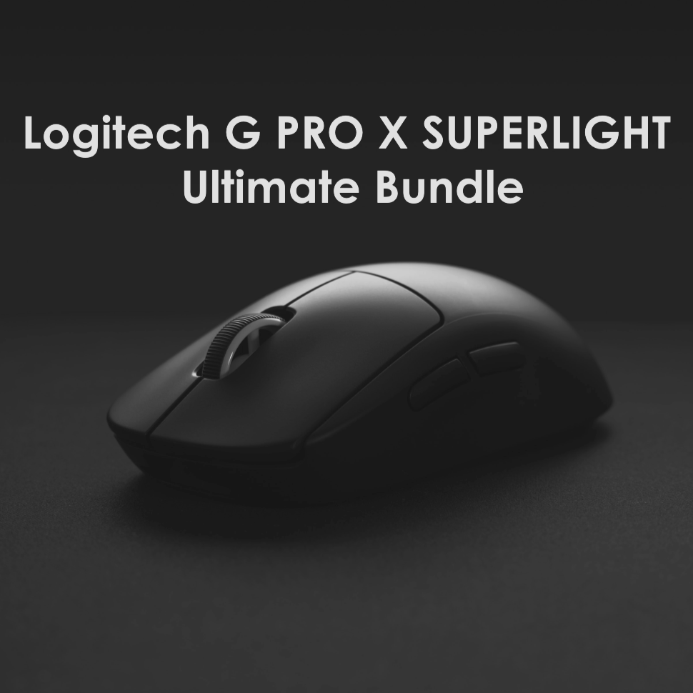 An image of a Logitech G PRO SUPERLIGHT with white text on the image that says 'Logitech G PRO X SUPERLIGHT Ultimate Bundle'.