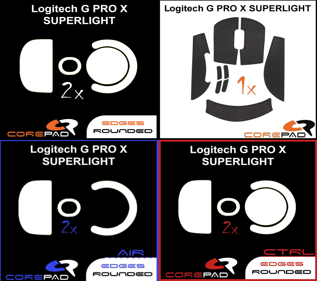 A single image that includes all of the four Corepad products included in the Logitech G PRO X SUPERLIGHT bundle