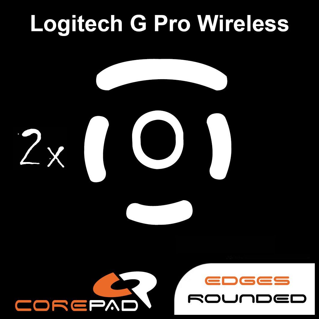 Corepad Skatez PRO to fit Logitech G PRO Wireless image showing mouse feet shape and logo with '2x' to show the product comes in lots of two. There is also text that says 'edges rounded'.