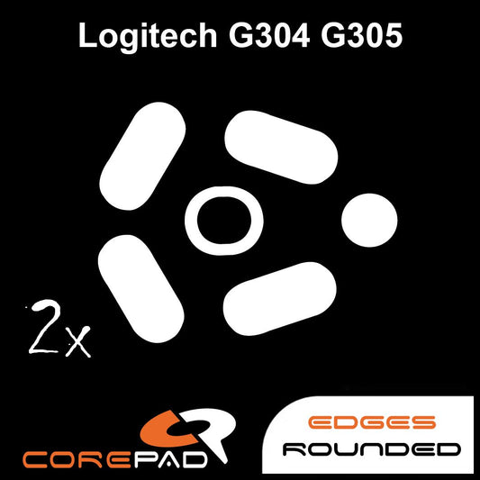 Corepad Skatez PRO to fit Logitech G304/G305 image showing mouse feet shape and logo with '2x' to show the product comes in lots of two. There is also text that says 'edges rounded'.