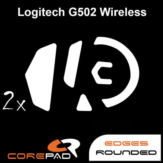 Corepad Skatez PRO to fit Logitech G502 Wireless image showing mouse feet shape and logo with '2x' to show the product comes in lots of two. There is also text that says 'edges rounded'.