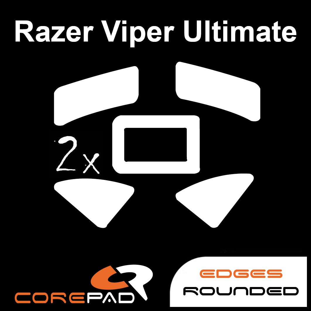 Corepad Skatez PRO to fit Razer Viper Ultimate image showing mouse feet shape and logo with '2x' to show the product comes in lots of two. There is also text that says 'edges rounded'.