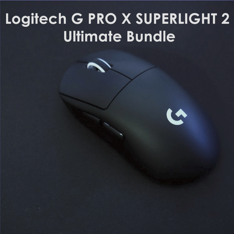 An image of a Logitech G PRO SUPERLIGHT 2 with white text on the image that says 'Logitech G PRO X SUPERLIGHT 2 Ultimate Bundle'.